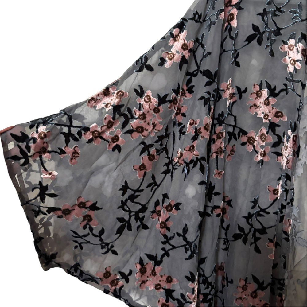 Womens S Kimono Cardigan Grey Pink Floral Velvet Burnout Sheer Boho Ethereal